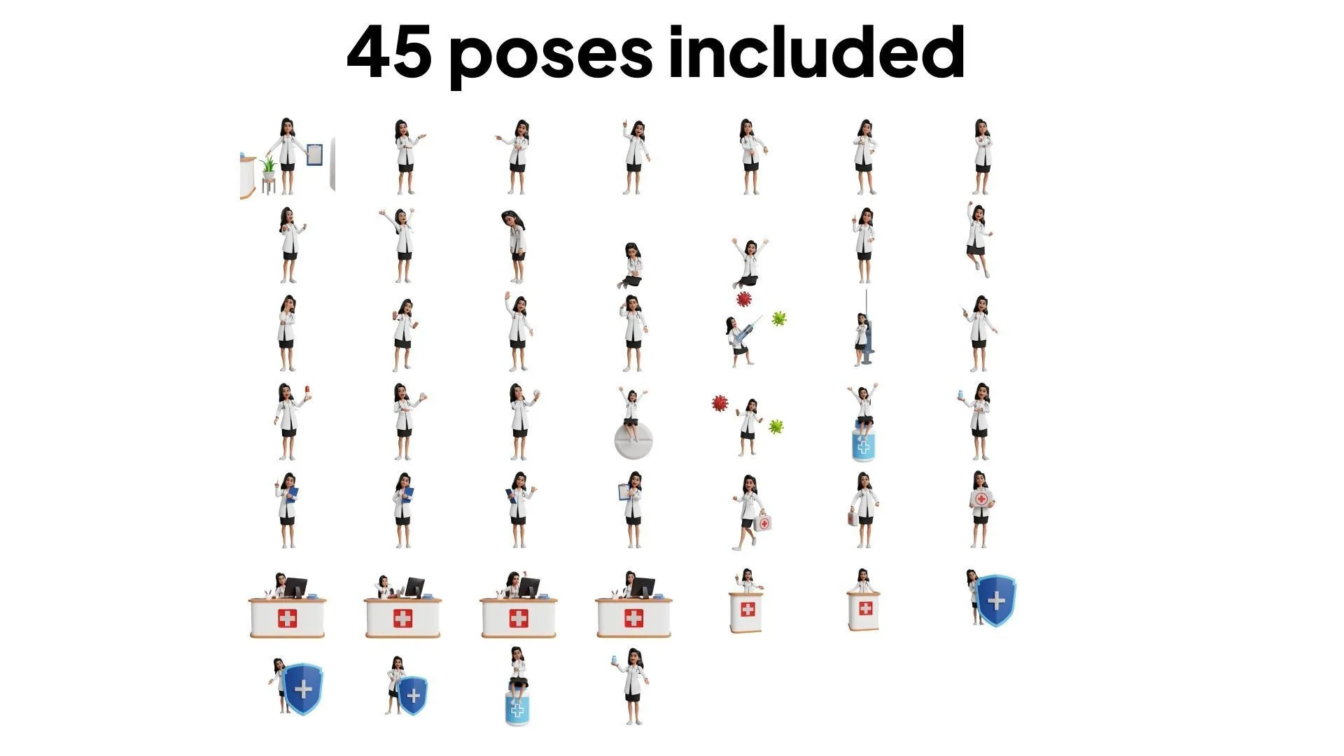 45 pre-made poses for Doctor Cartoon Female Character